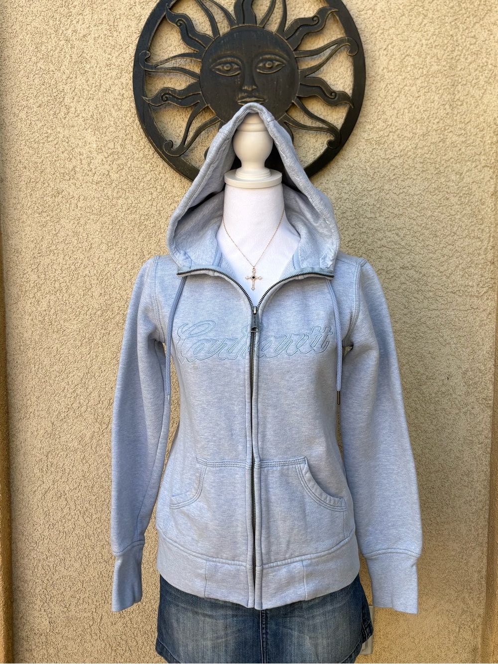 Carhartt Light Blue Script Logo Zip Up Hoodie Workwear Streetwear Vintage